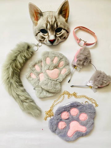 Quadrobics Set (mask, paws, ears, tail with carabiner, choker, bag) in Gray-Pink