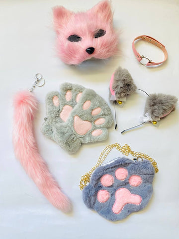 Quadrobics Set (mask, paws, ears, tail with carabiner, choker, bag) in Pink-Gray
