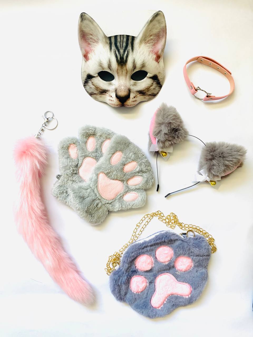 Quadrobics Set (mask, paws, ears, tail on carabiner, choker, bag) in Gray-Pink