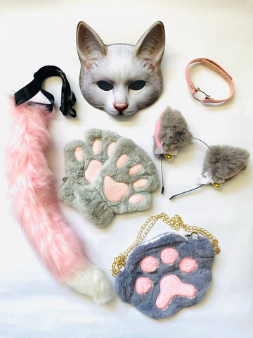 Quadrobics Set (mask, paws, ears, tail on a strap, choker, bag) in Gray-Pink