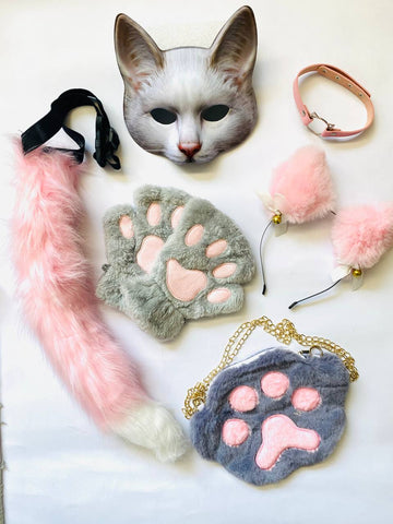 Quadrobics Play Set (mask, paws, ears, tail on a strap, choker, bag) in Gray-Pink