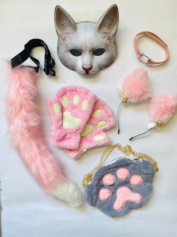 Quadrobics Play Set (mask, paws, ears, tail on a strap, choker, bag) in Gray-Pink