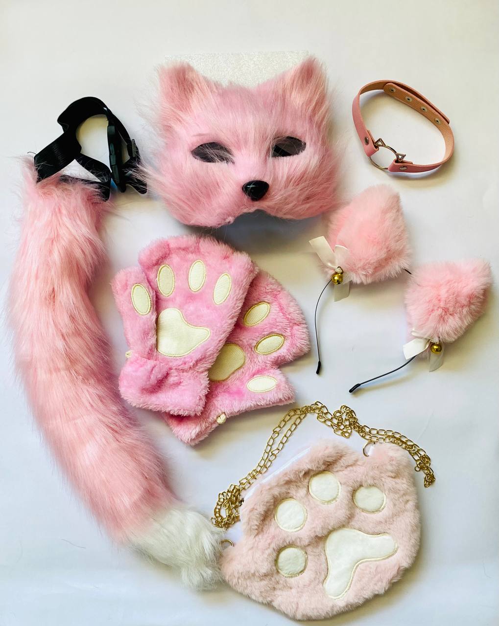 Quadrobics Playset (mask, paws, ears, tail on a strap, choker, bag) - Pink