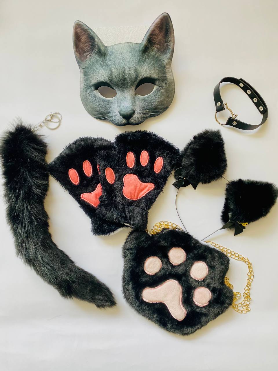 Quadrobics Play Set (mask, paws, ears, tail with carabiner, choker, bag) Black