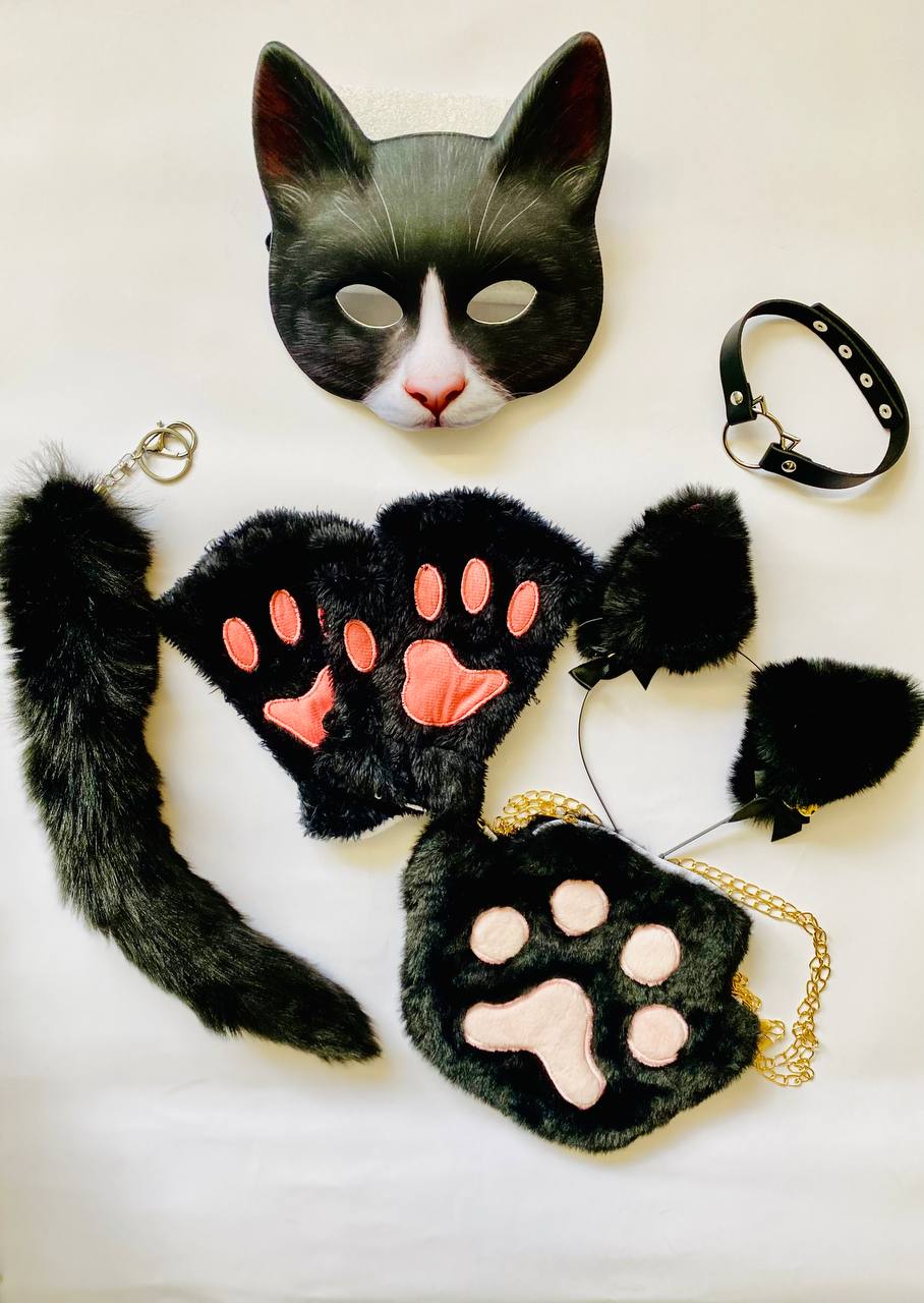 Quadrobics Set (mask, paws, ears, tail on carabiner, choker, bag) Black