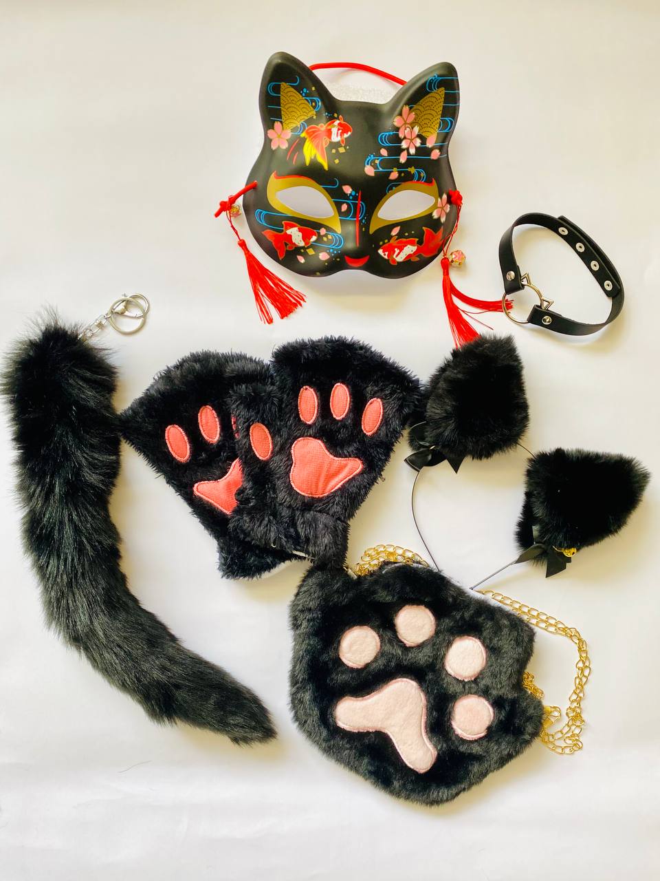 Quadrobics Set (mask, paws, ears, tail with carabiner, choker, bag) Black