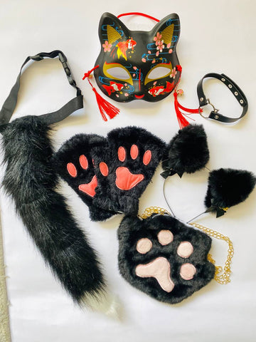 Quadrobics Set (mask, paws, ears, tail on a strap, choker, bag) Black