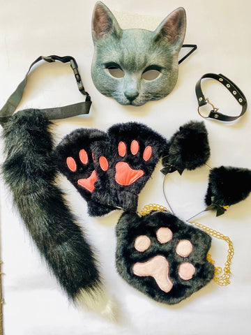 Quadrobics Set (mask, paws, ears, tail on a strap, choker, bag) Black
