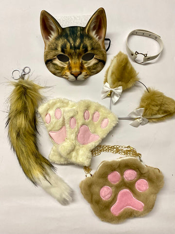 Quadrobics Set (mask, paws, ears, tail with carabiner, choker, bag) — Brown