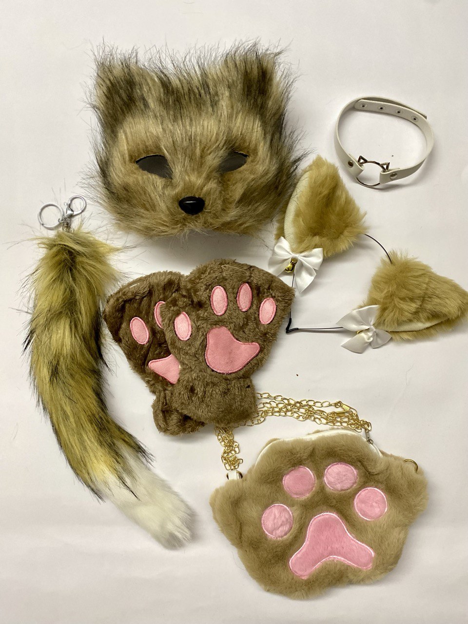 Quadrobics Set (mask, paws, ears, tail with carabiner, choker, bag) — Brown