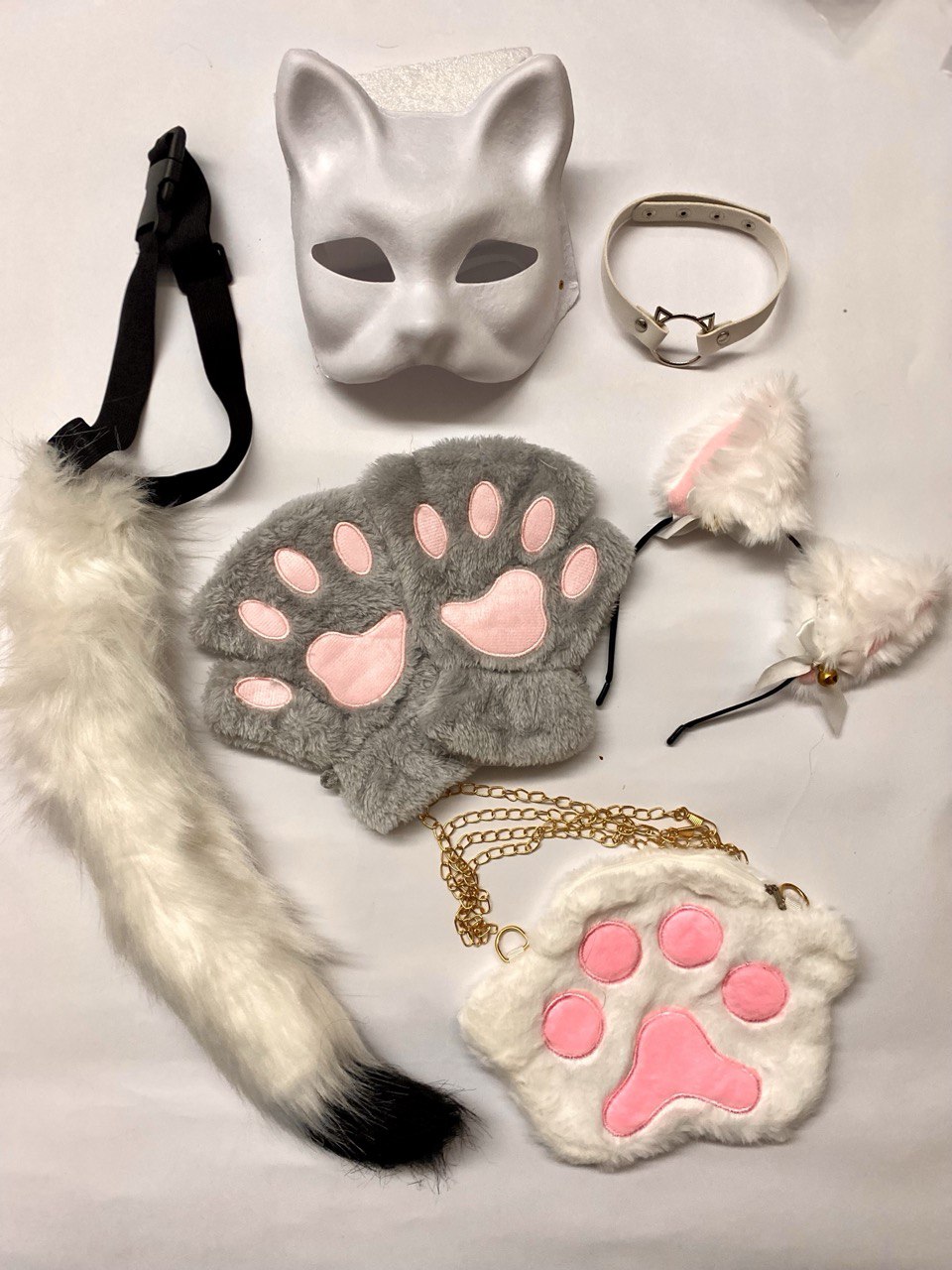 Quadrobics Set (mask, paws, ears, tail on a strap, choker, bag) in White and Gray