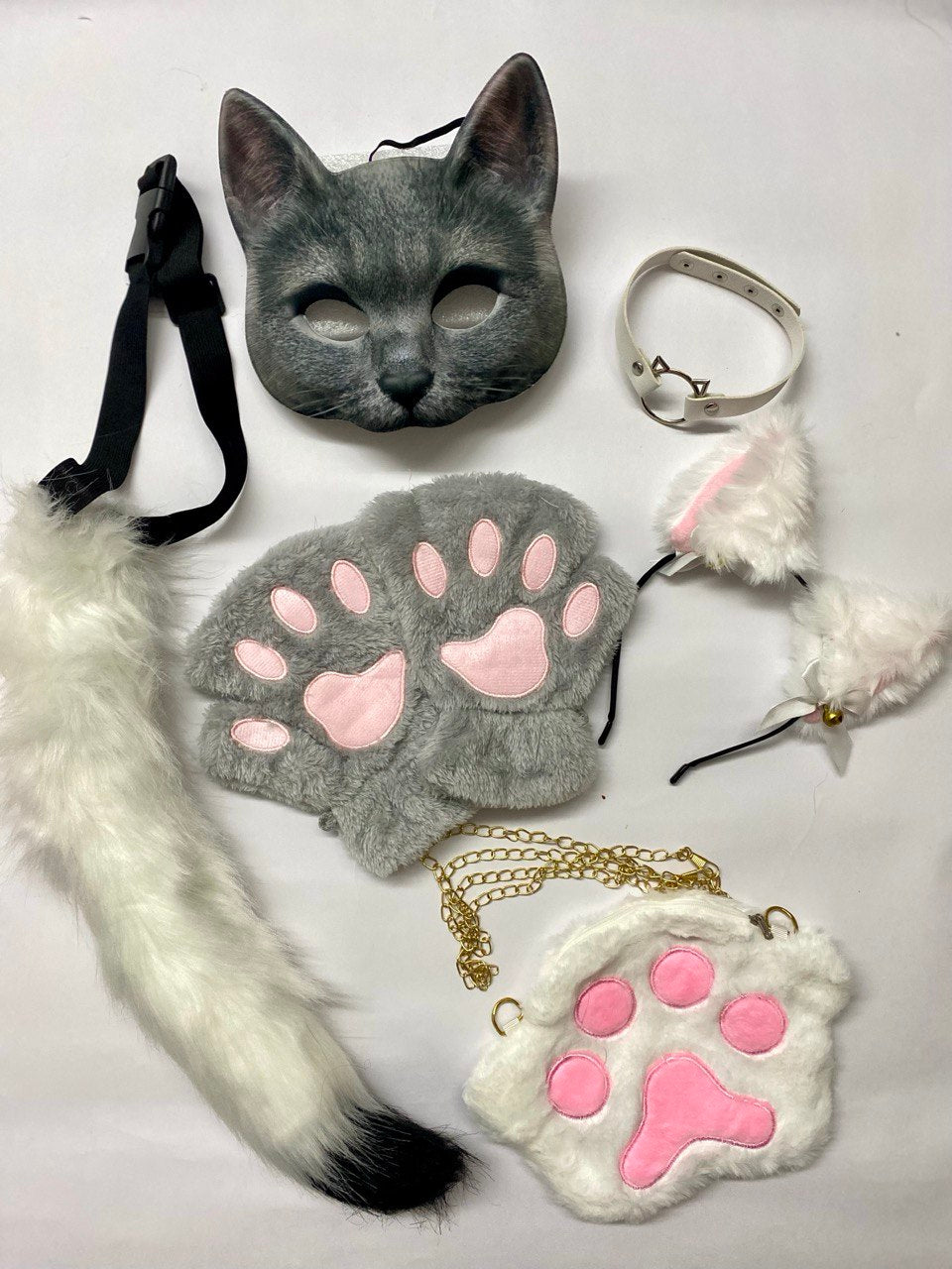 Quadrobics Play Set (mask, paws, ears, tail on a strap, choker, bag) - White and Gray