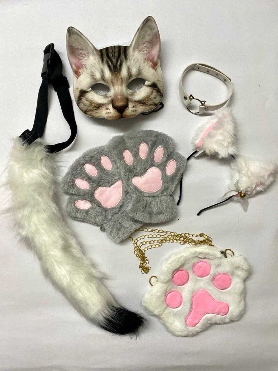 Quadrobics Playset (mask, paws, ears, tail on a strap, choker, bag) White and Gray