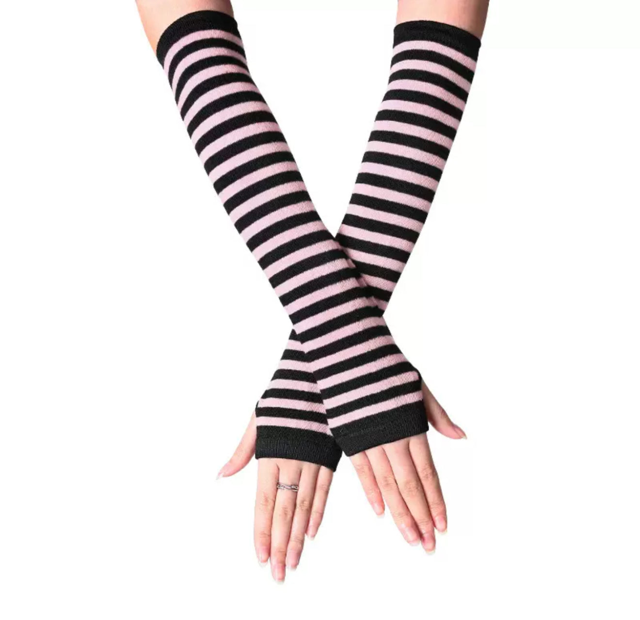 Tight-fitting mittens in light pink with black accents