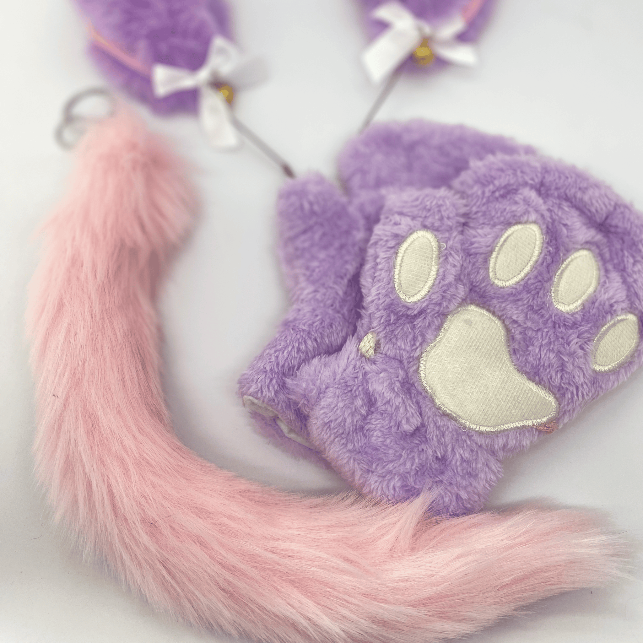 Quadrobics Set (headband with ears, paws, tail on a carabiner) – Pink and Purple