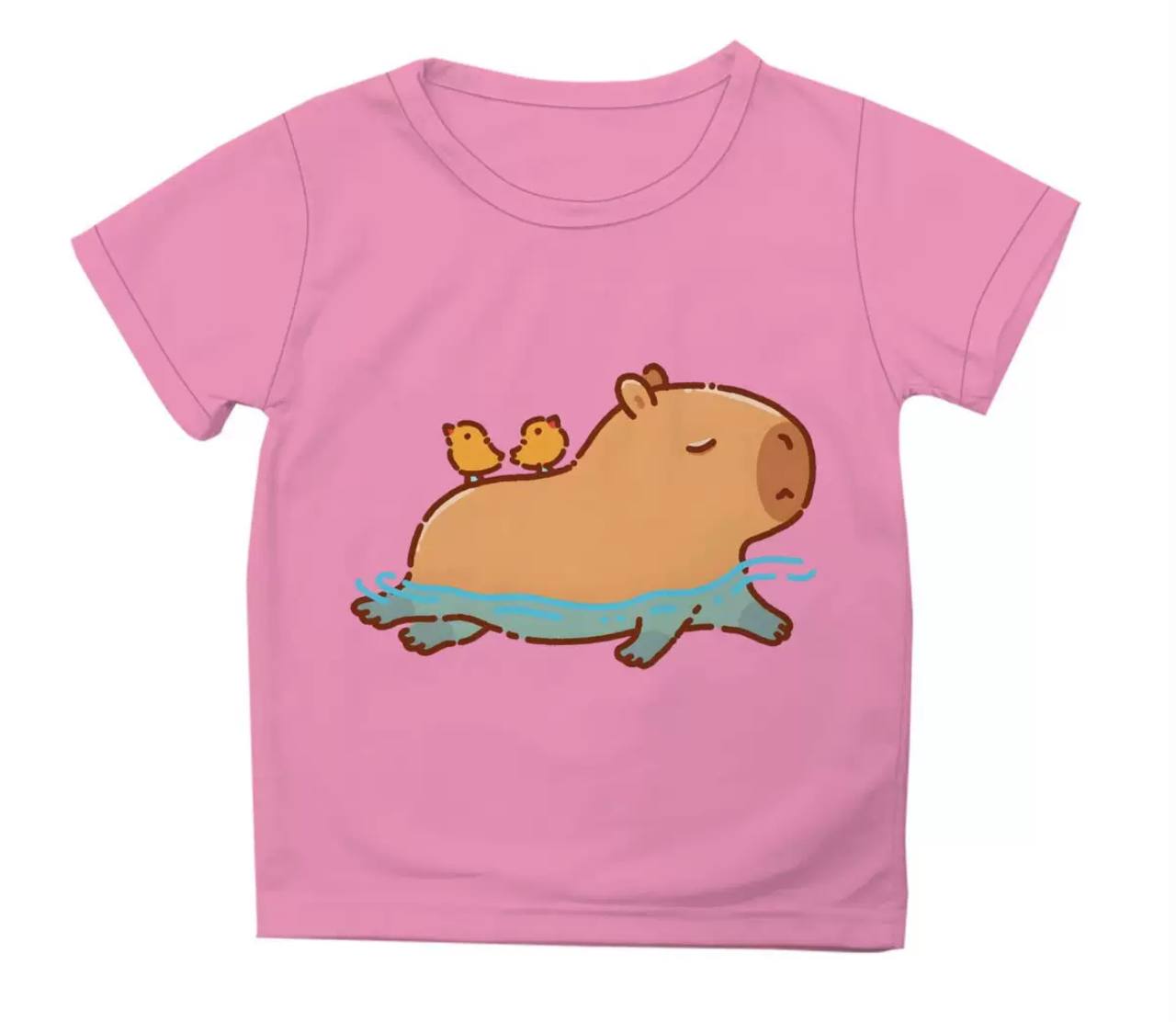 Kids' T-Shirt with Capybara and Birds - Pink
