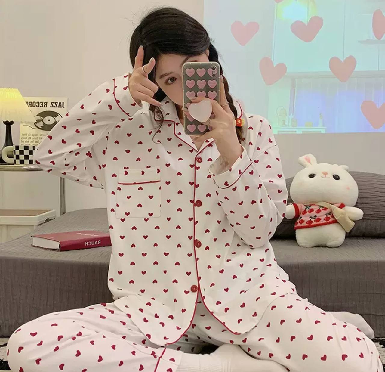 Women's White Pajama with Heart Design
