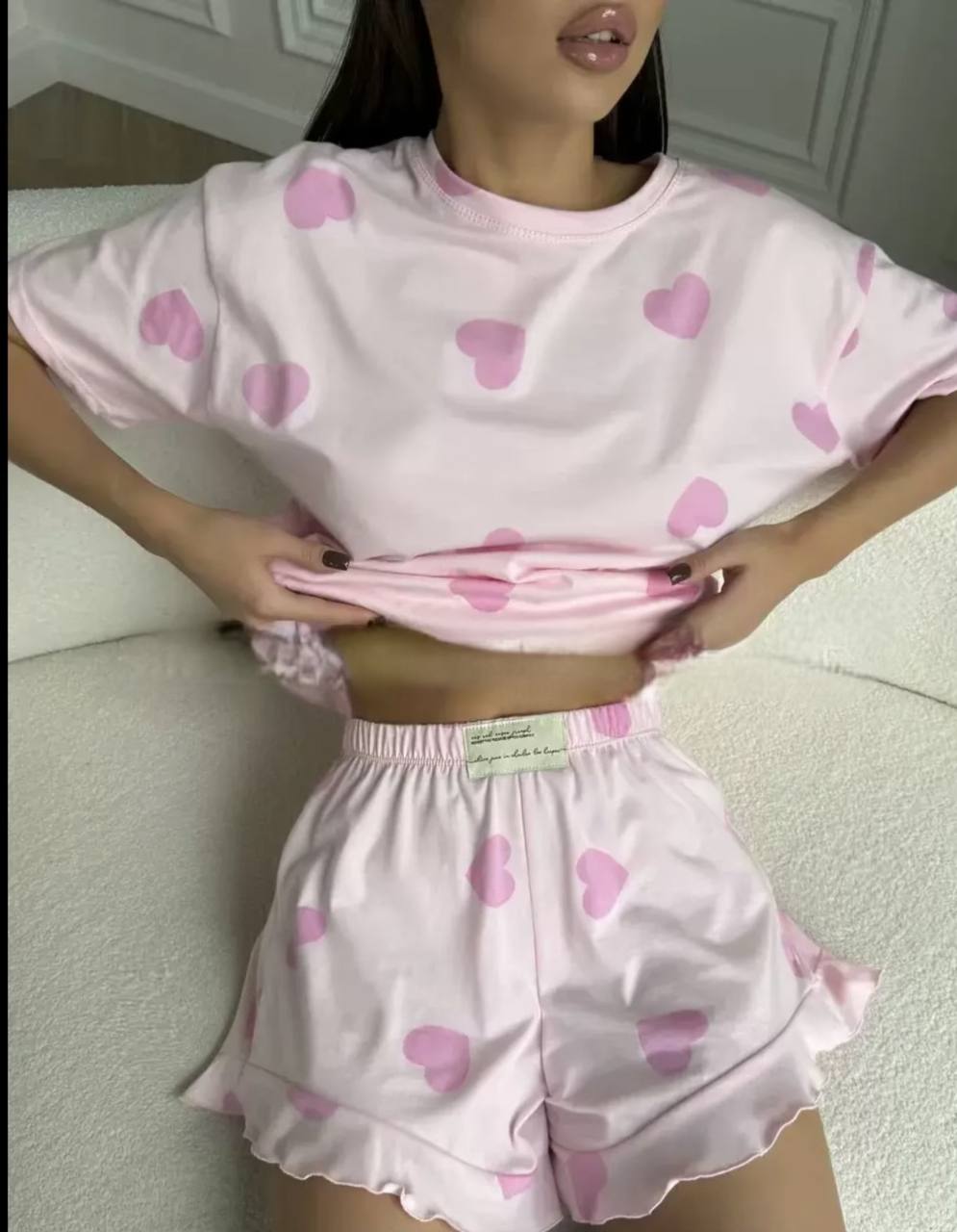 Lighthearted Heart-Print Pajama Set (T-Shirt + Shorts) Pink