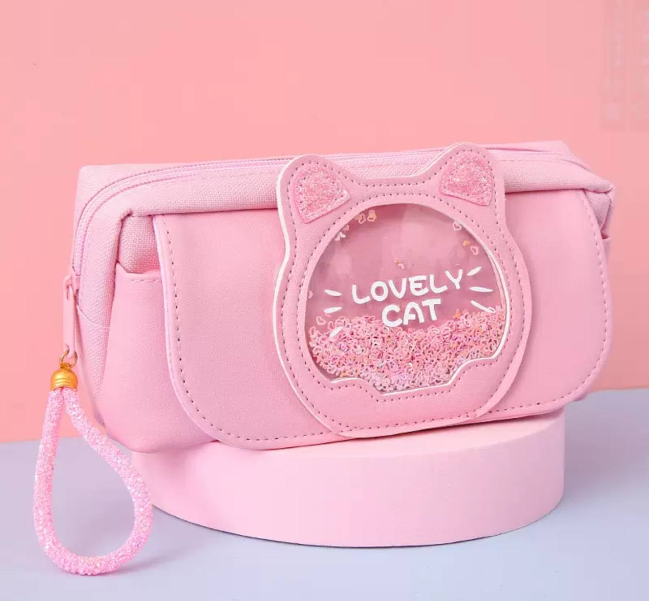 Glitter Pencil Case "Lovely Cat" Pink