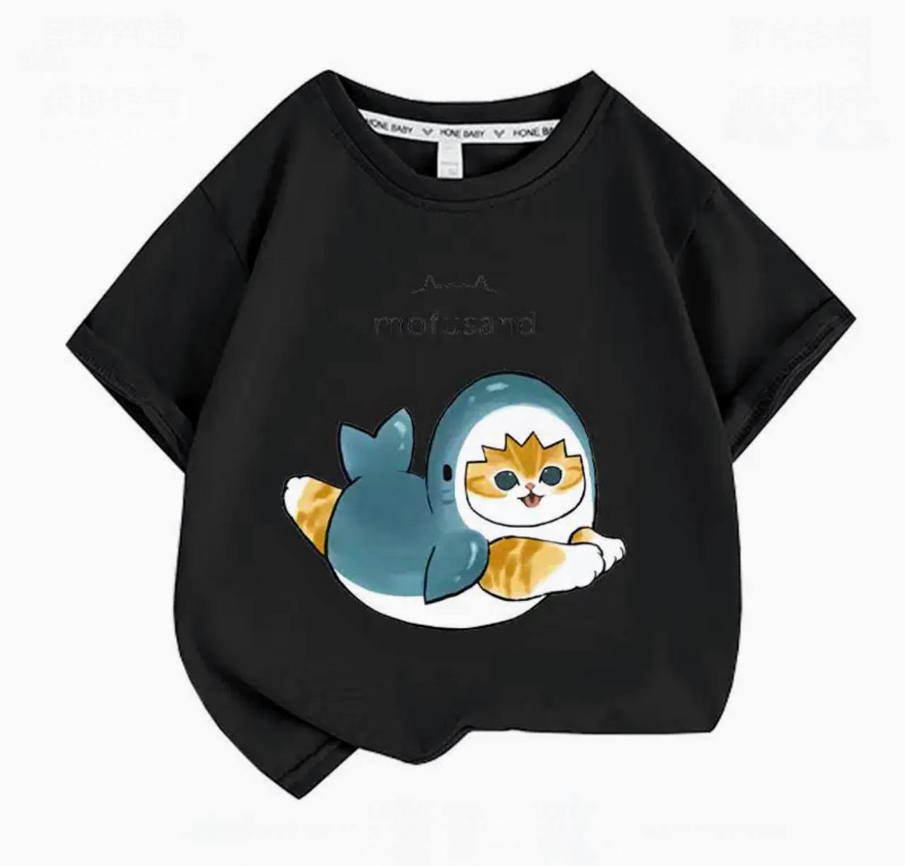 Children's T-Shirt with a Cat in a Shark Costume – Black