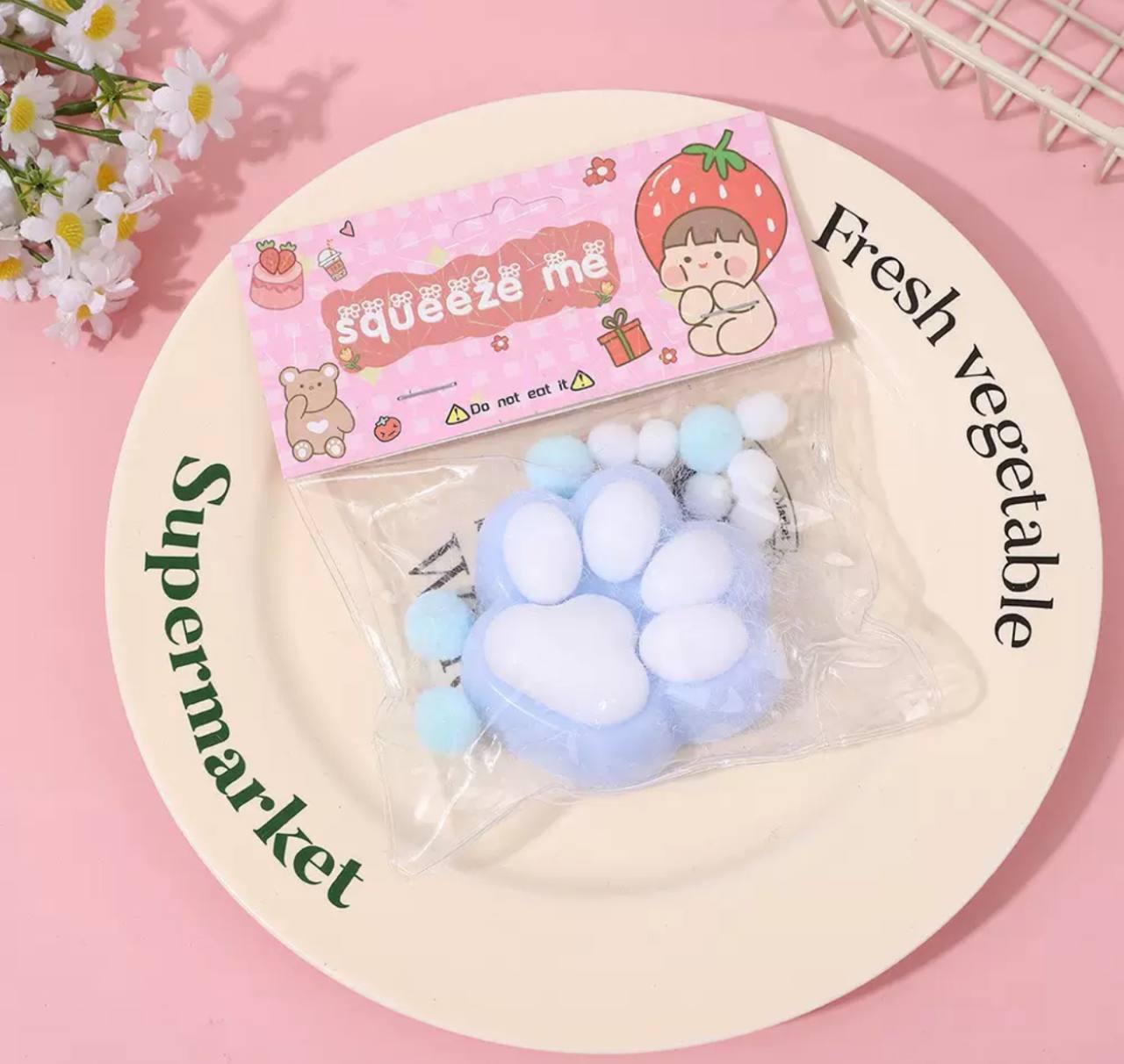 Stress Relief Squish Tab with Paw – Blue and White
