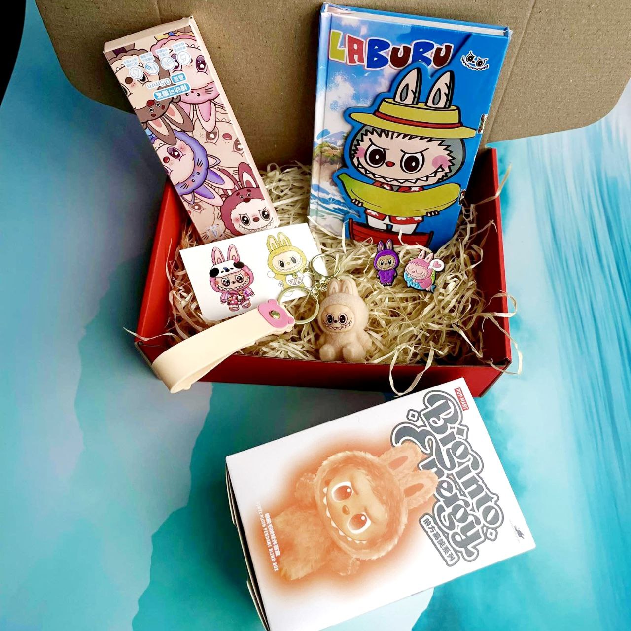 Labubu Gift Set (toy, keychain, notebook + pens, tattoos, foam)