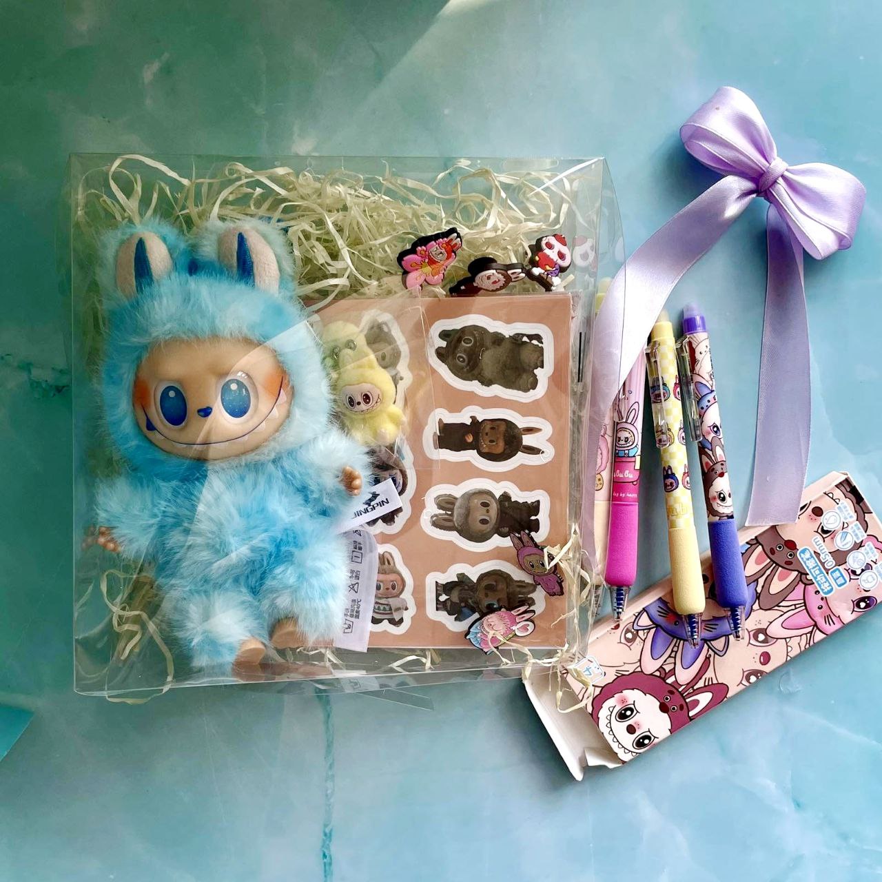 Labubu Gift Set (toy, keychain, stickers, jibits, foam, pens)