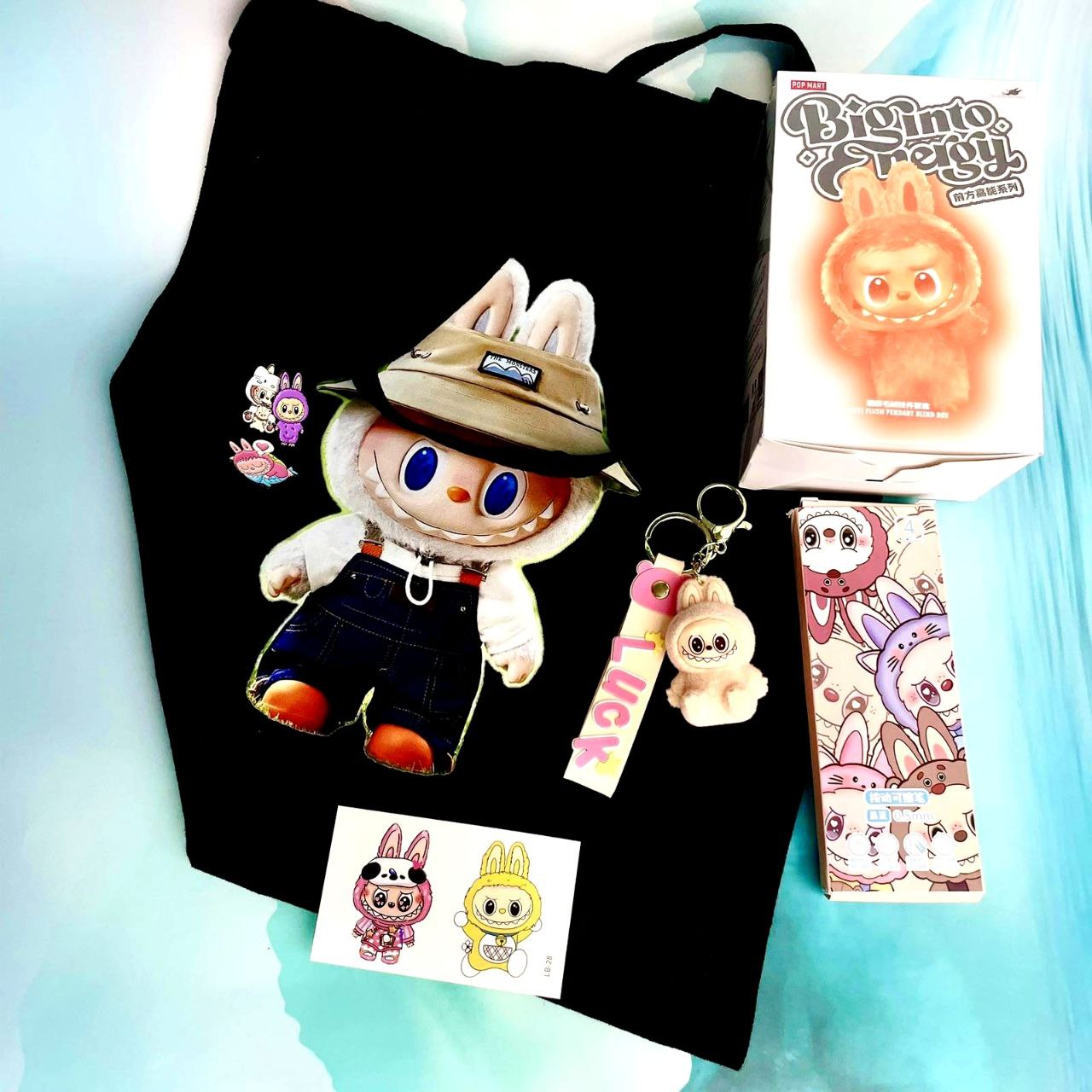 Labubu Gift Set (toy, keychain, tote bag, pens, foam, tattoos)