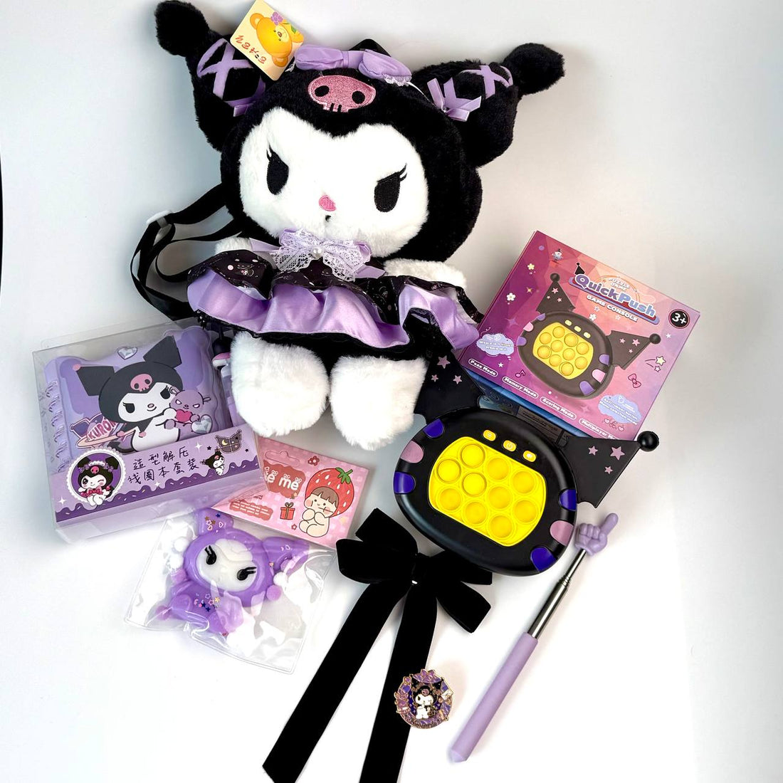 Kuromi Gift Set (toy backpack, Pop-It, squishy, pointing stick, pin, bow, notebook + marker)